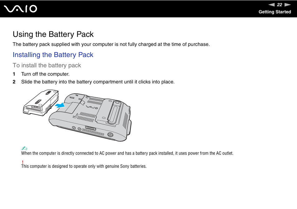 Using the battery pack, Installing the battery pack | Sony VGN-UX180P User Manual | Page 22 / 189