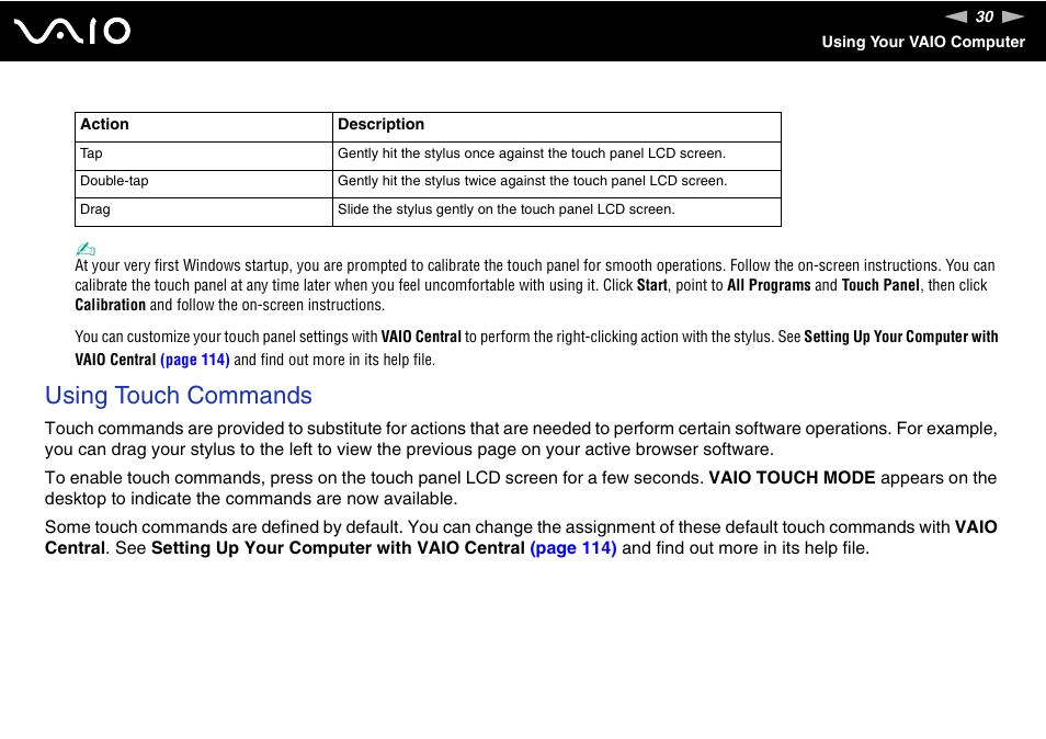 Using touch commands | Sony VGN-UX180P User Manual | Page 30 / 189