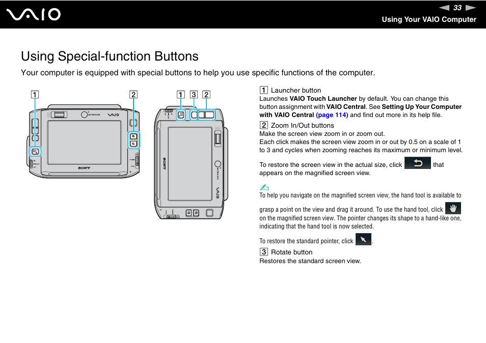 Using special-function buttons | Sony VGN-UX180P User Manual | Page 33 / 189