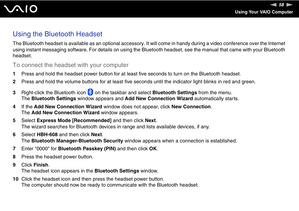 Using the bluetooth headset | Sony VGN-UX180P User Manual | Page 58 / 189