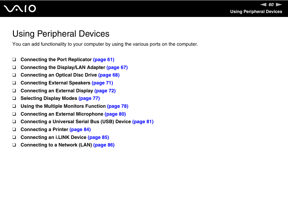 Using peripheral devices | Sony VGN-UX180P User Manual | Page 60 / 189