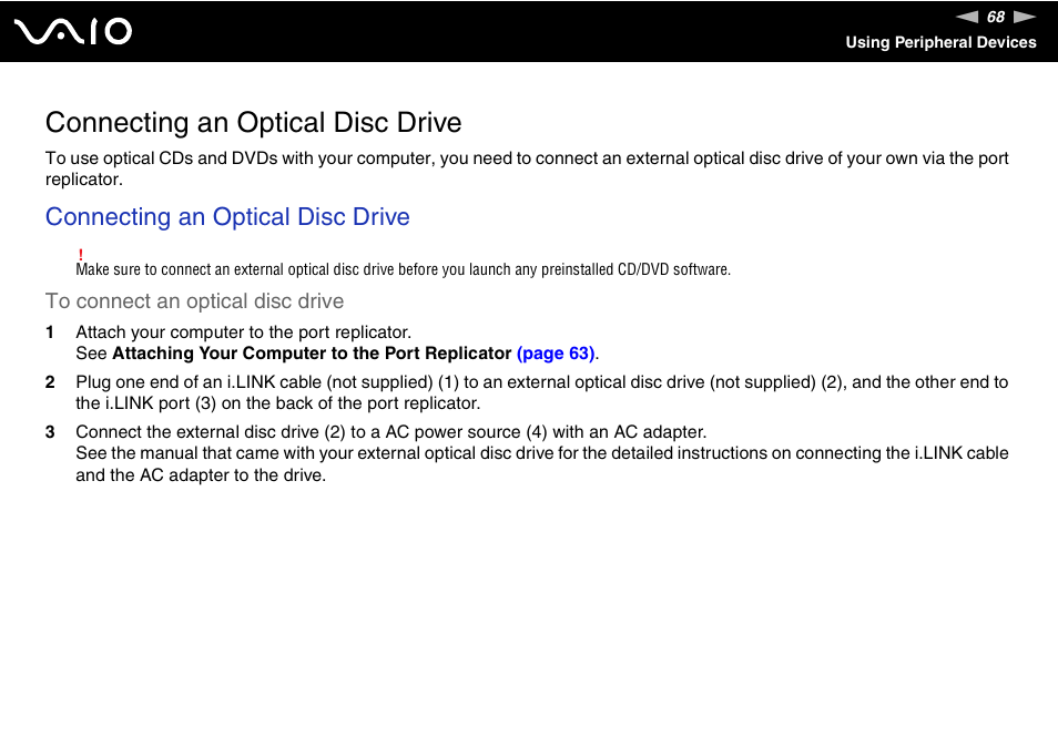 Connecting an optical disc drive | Sony VGN-UX180P User Manual | Page 68 / 189