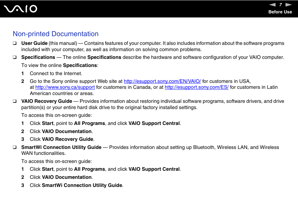 Non-printed documentation | Sony VGN-UX180P User Manual | Page 7 / 189