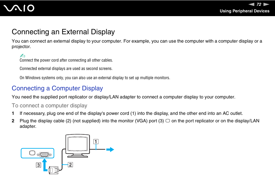 Connecting an external display, Connecting a computer display | Sony VGN-UX180P User Manual | Page 72 / 189