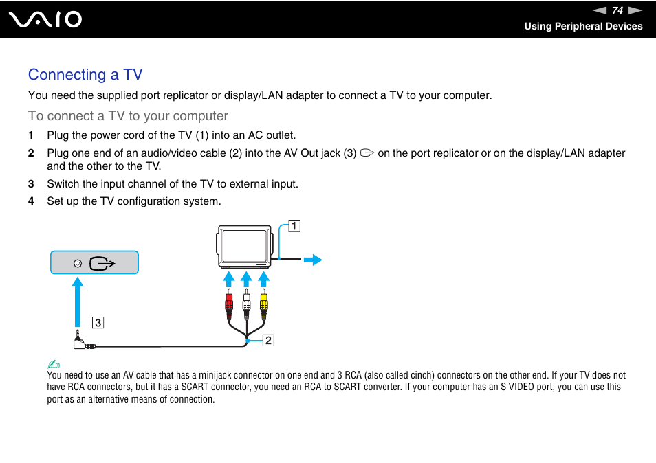 Connecting a tv | Sony VGN-UX180P User Manual | Page 74 / 189