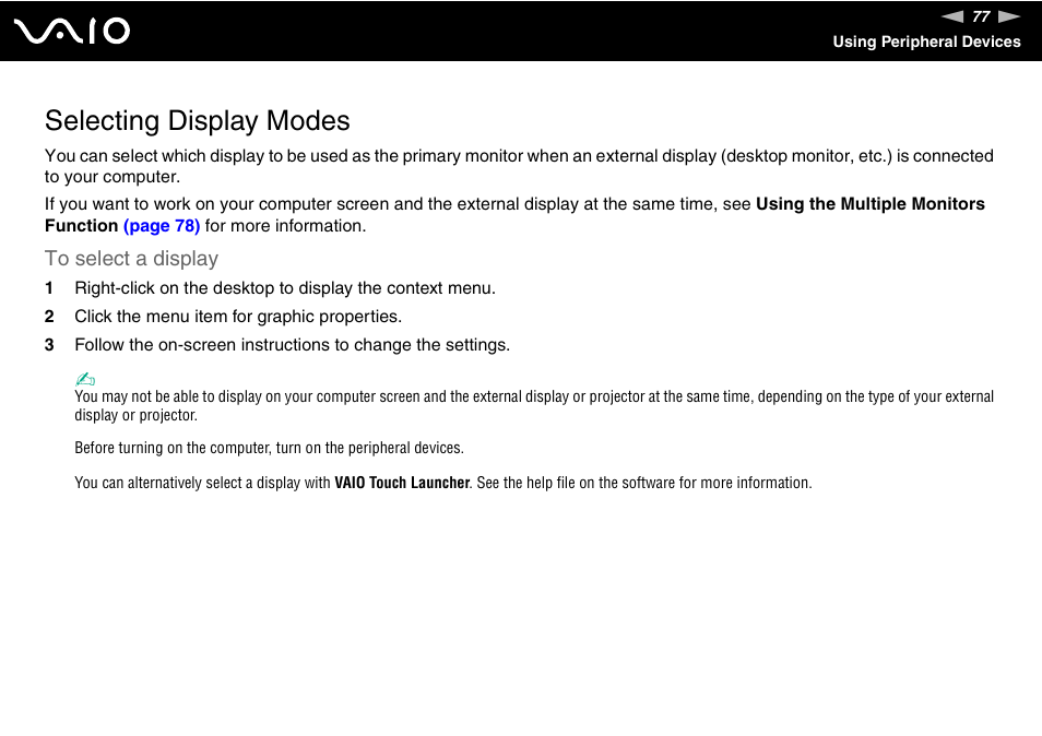 Selecting display modes | Sony VGN-UX180P User Manual | Page 77 / 189