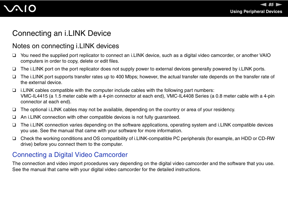 Connecting an i.link device, Connecting a digital video camcorder | Sony VGN-UX180P User Manual | Page 85 / 189