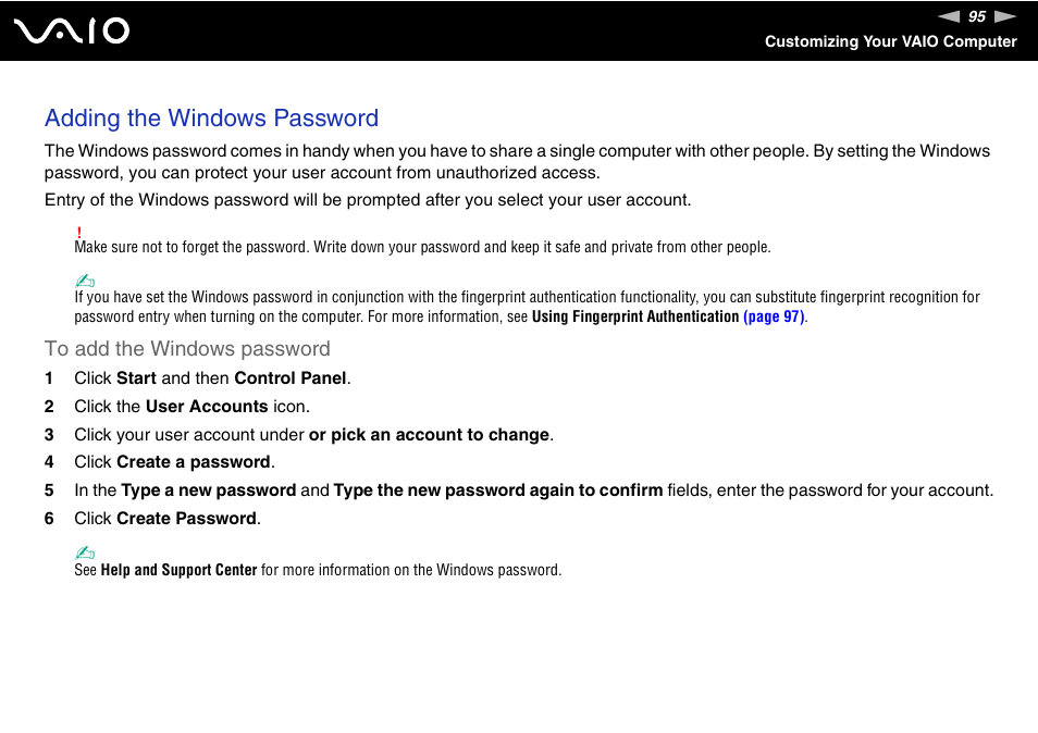 Adding the windows password | Sony VGN-UX180P User Manual | Page 95 / 189