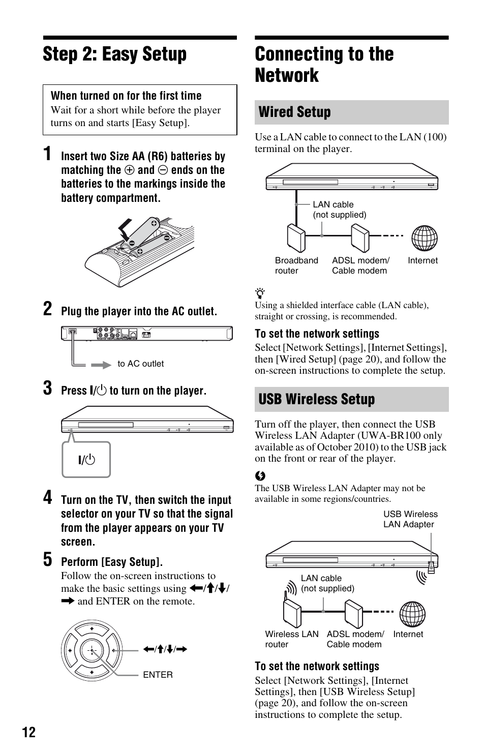 Step 2: easy setup, Connecting to the network, Step 2: easy setup connecting to the network | Step 2: easy setup 1, Wired setup usb wireless setup | Sony BDP-S380 User Manual | Page 12 / 31