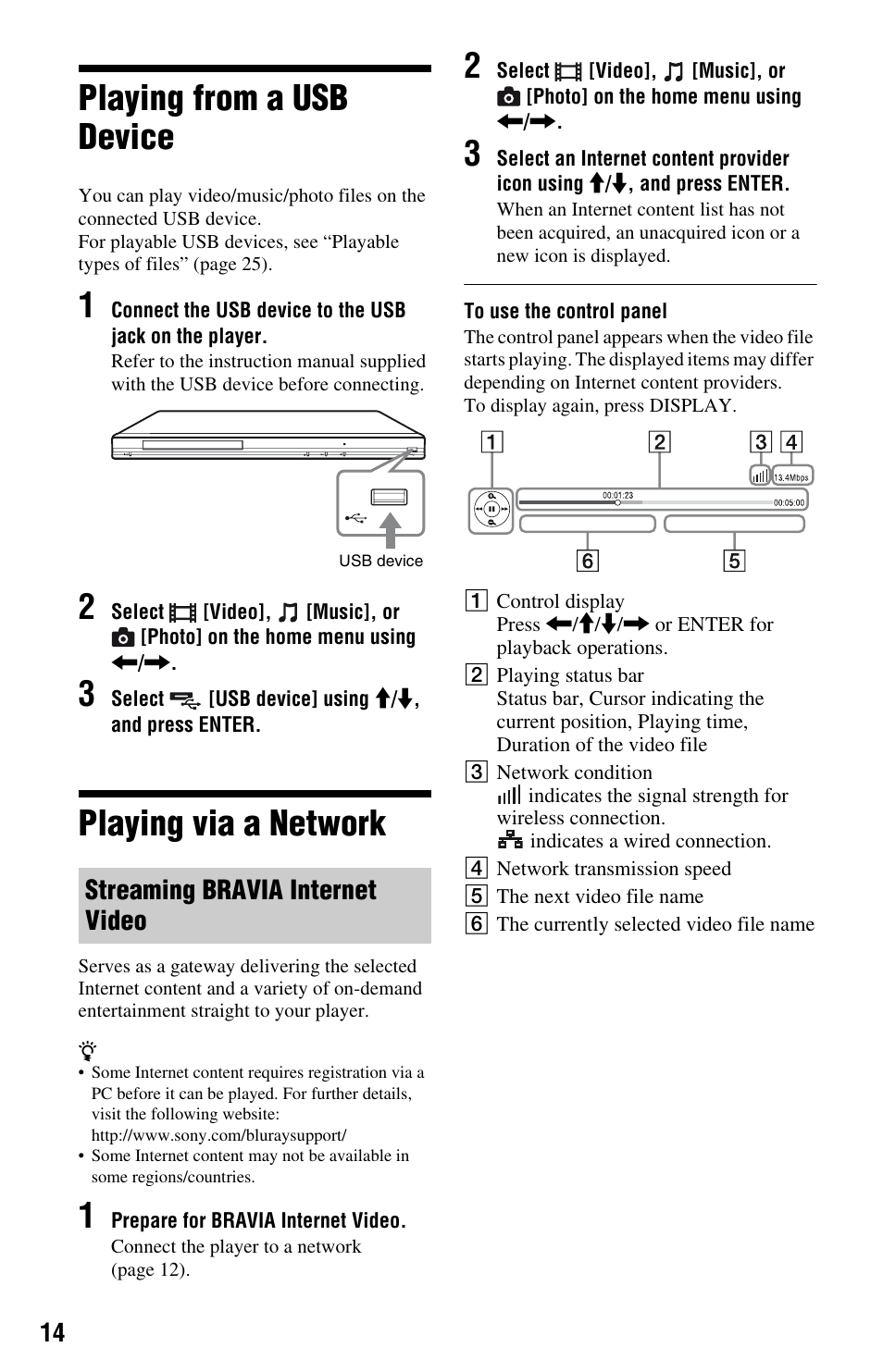 Playing from a usb device, Playing via a network, Playing from a usb device playing via a network | Streaming bravia internet video | Sony BDP-S380 User Manual | Page 14 / 31