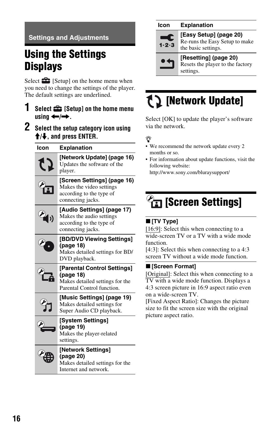 Settings and adjustments, Using the settings displays, Network update | Screen settings | Sony BDP-S380 User Manual | Page 16 / 31