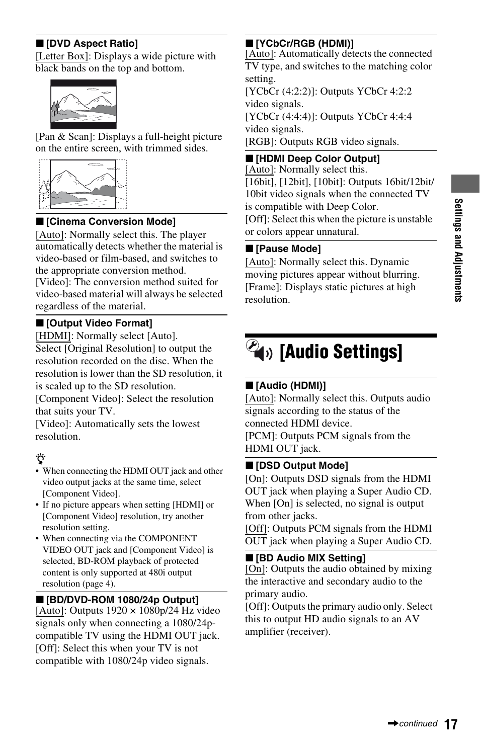 Audio settings | Sony BDP-S380 User Manual | Page 17 / 31