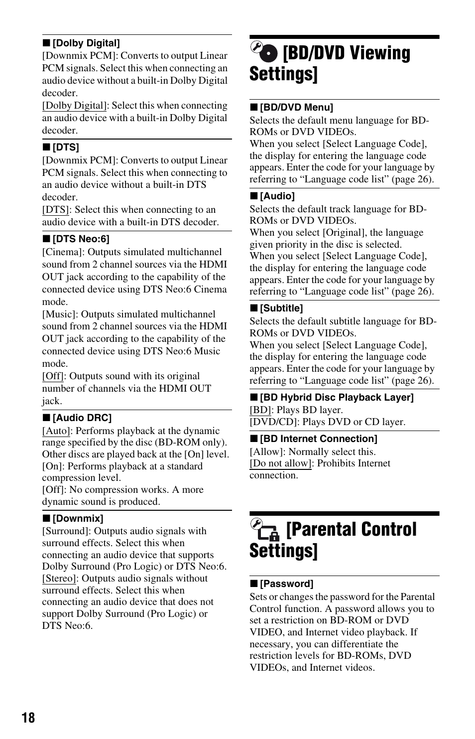 Bd/dvd viewing settings, Parental control settings | Sony BDP-S380 User Manual | Page 18 / 31