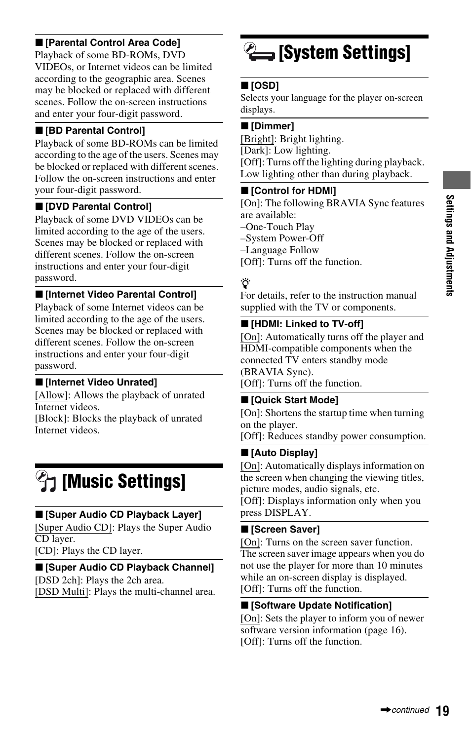 Music settings, System settings, Music settings] [system settings | Sony BDP-S380 User Manual | Page 19 / 31