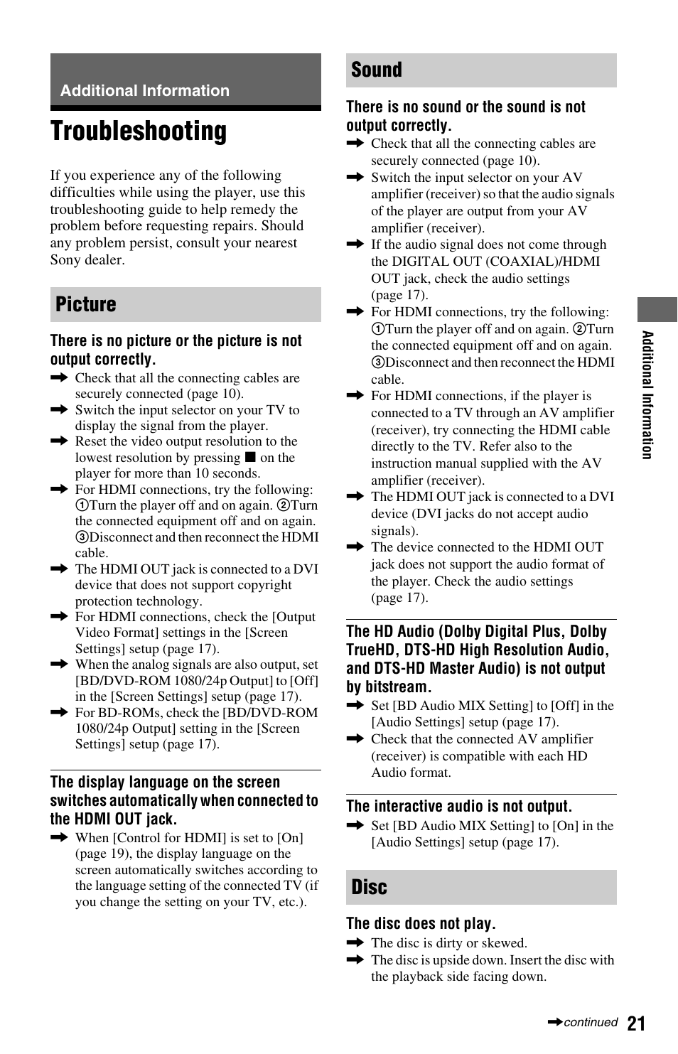 Additional information, Troubleshooting, Picture sound disc | Sony BDP-S380 User Manual | Page 21 / 31