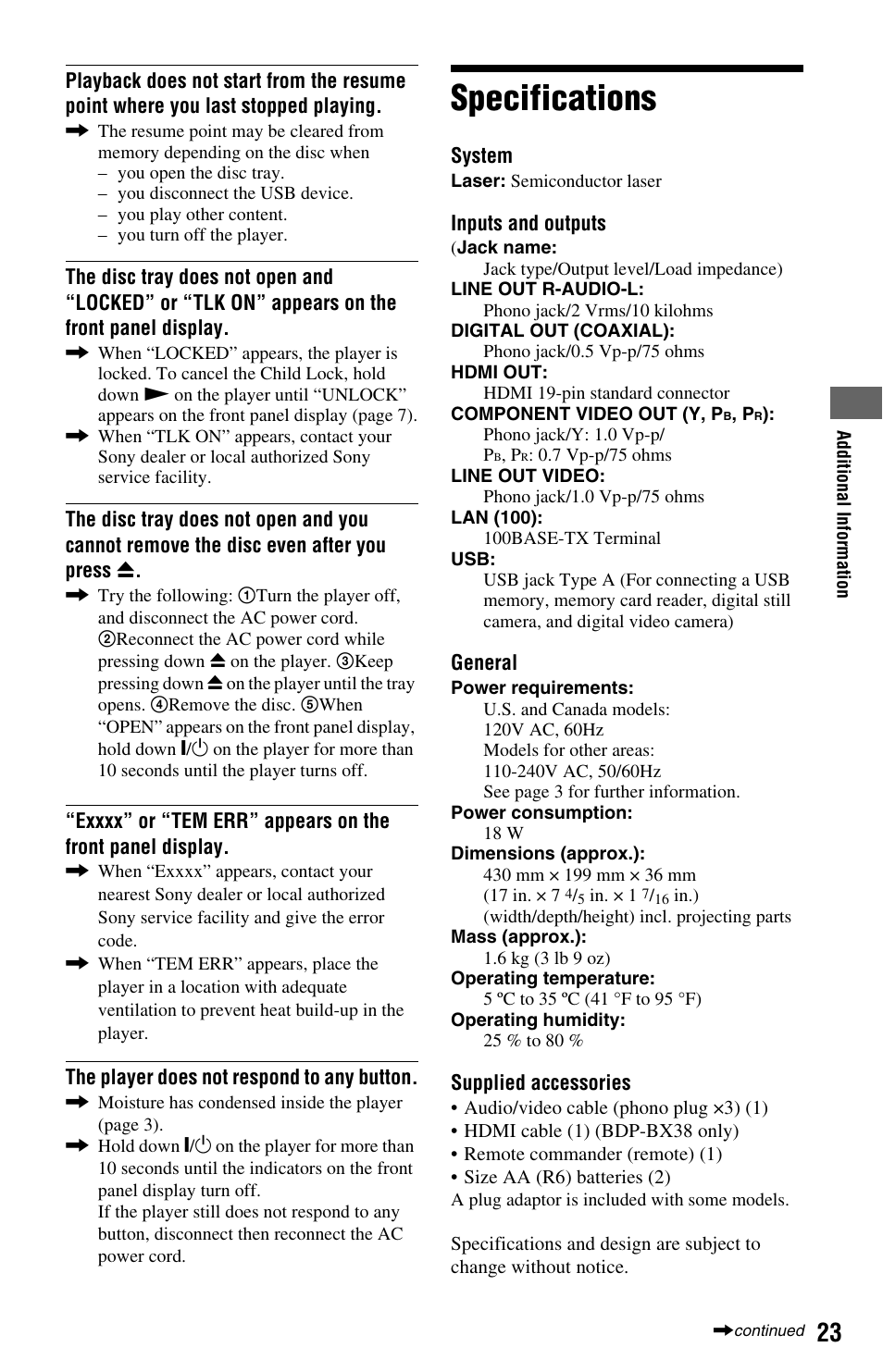 Specifications | Sony BDP-S380 User Manual | Page 23 / 31