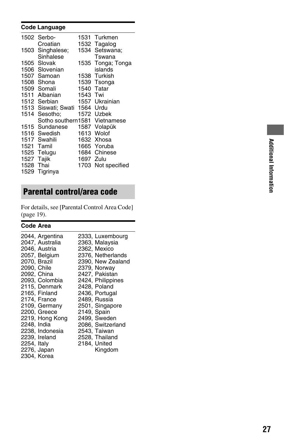 Parental control/area code | Sony BDP-S380 User Manual | Page 27 / 31