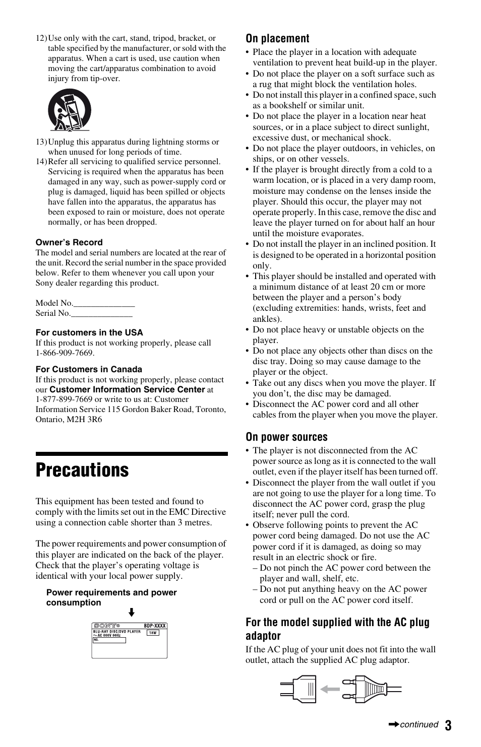 Precautions, On placement, On power sources | For the model supplied with the ac plug adaptor | Sony BDP-S380 User Manual | Page 3 / 31