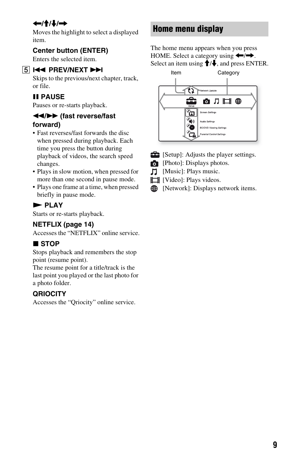 Home menu display | Sony BDP-S380 User Manual | Page 9 / 31