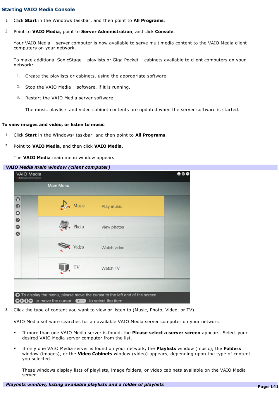 Starting vaio media console | Sony PCV-RZ31G User Manual | Page 141 / 223