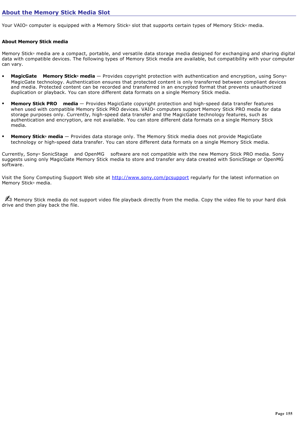 About the memory stick media slot | Sony PCV-RZ31G User Manual | Page 155 / 223