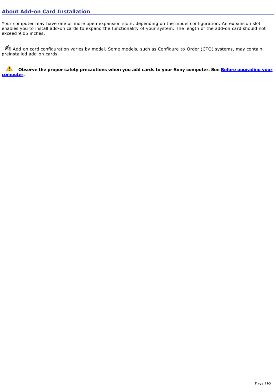 About add-on card installation | Sony PCV-RZ31G User Manual | Page 165 / 223