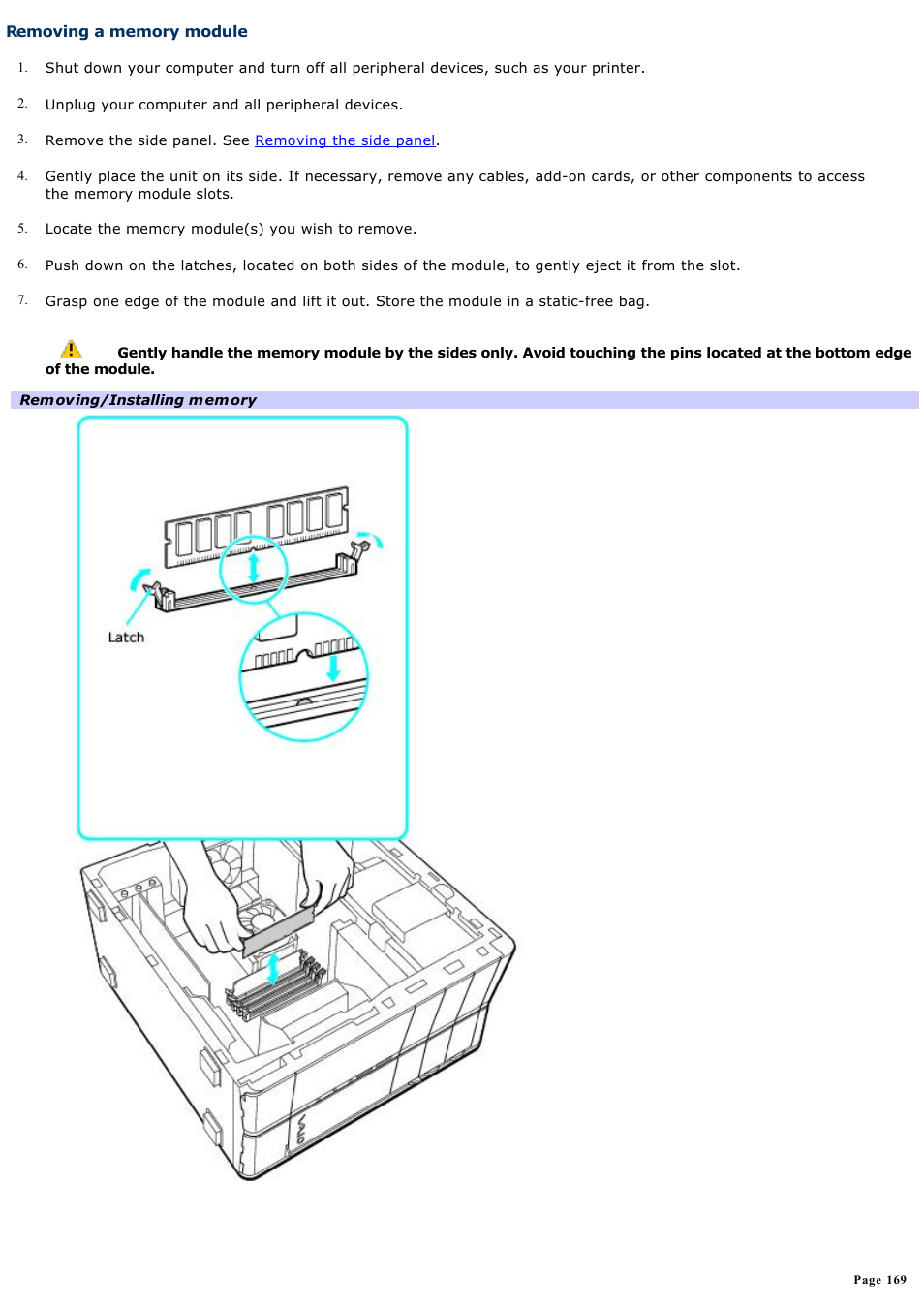 Removing a memory module | Sony PCV-RZ31G User Manual | Page 169 / 223