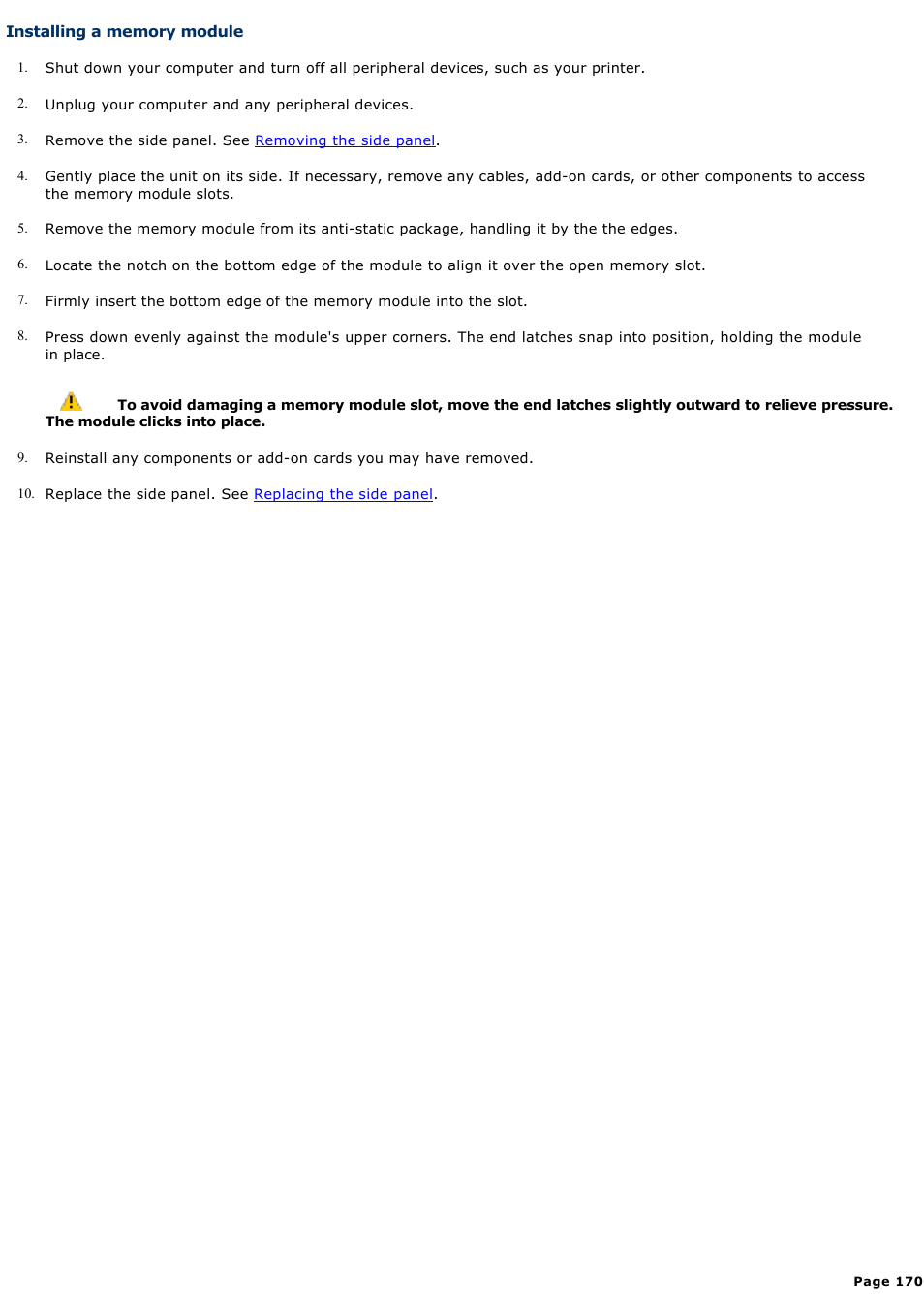 Installing a memory module | Sony PCV-RZ31G User Manual | Page 170 / 223