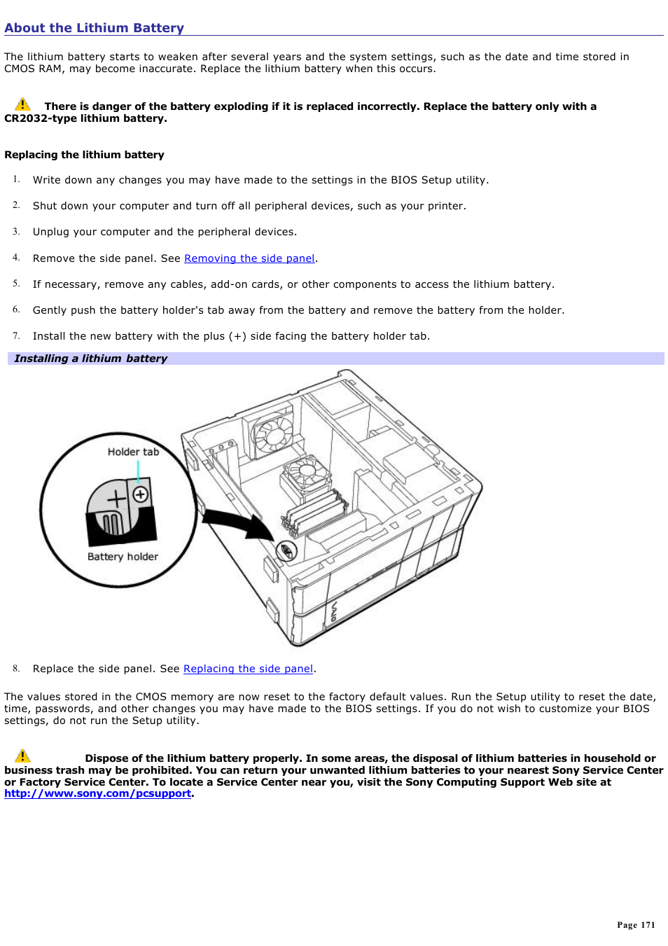 About the lithium battery | Sony PCV-RZ31G User Manual | Page 171 / 223