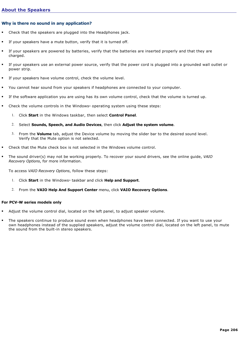 Why is there no sound in any application | Sony PCV-RZ31G User Manual | Page 206 / 223