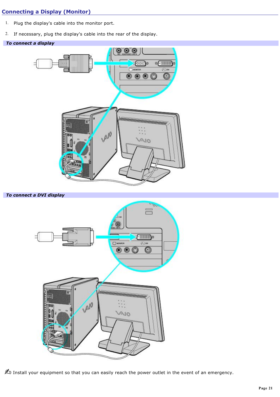 Connecting a display (monitor) | Sony PCV-RZ31G User Manual | Page 21 / 223