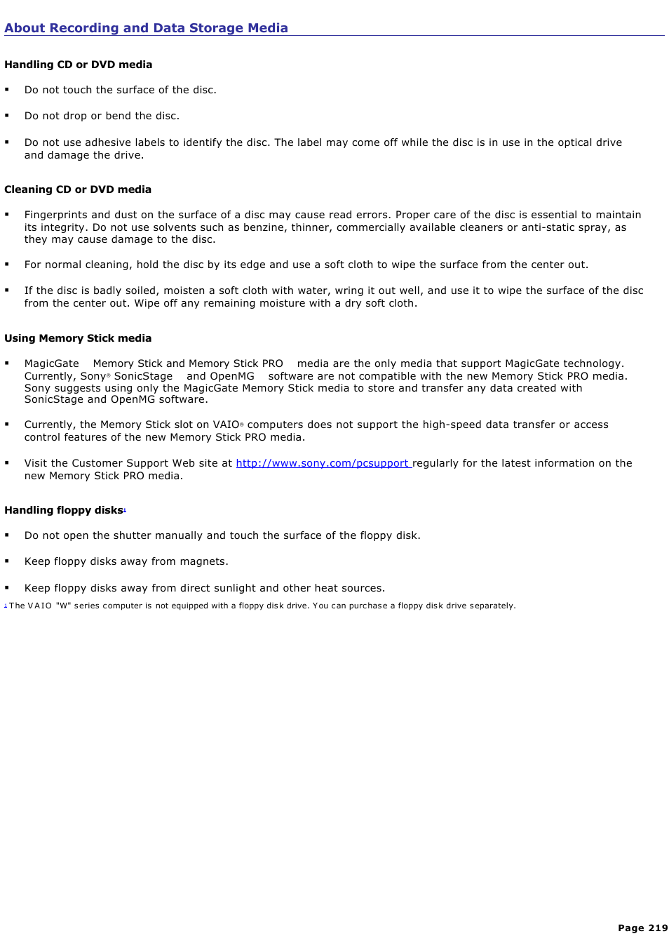 About recording and data storage media | Sony PCV-RZ31G User Manual | Page 219 / 223