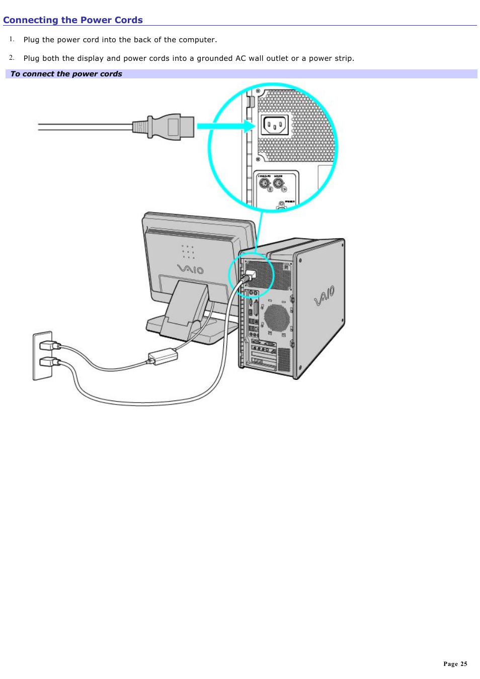 Connecting the power cords | Sony PCV-RZ31G User Manual | Page 25 / 223