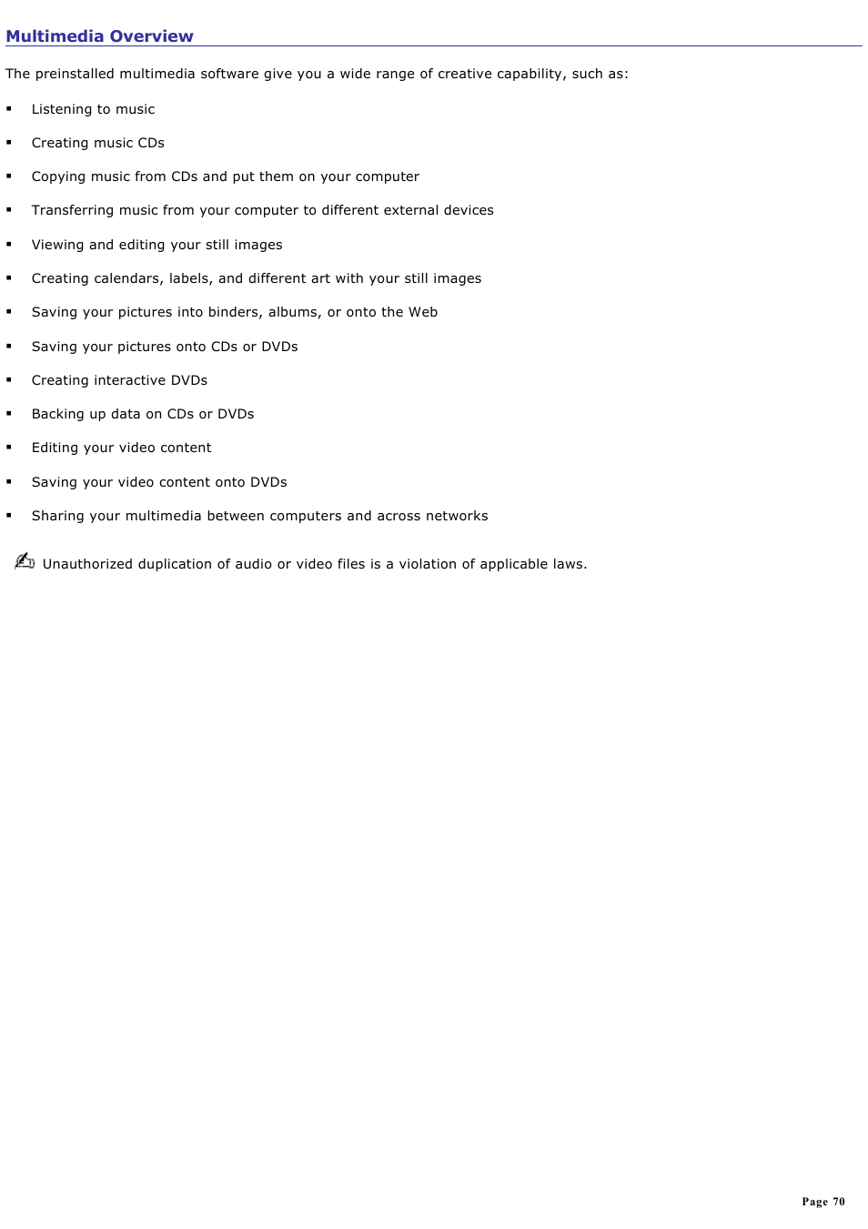 Multimedia overview | Sony PCV-RZ31G User Manual | Page 70 / 223