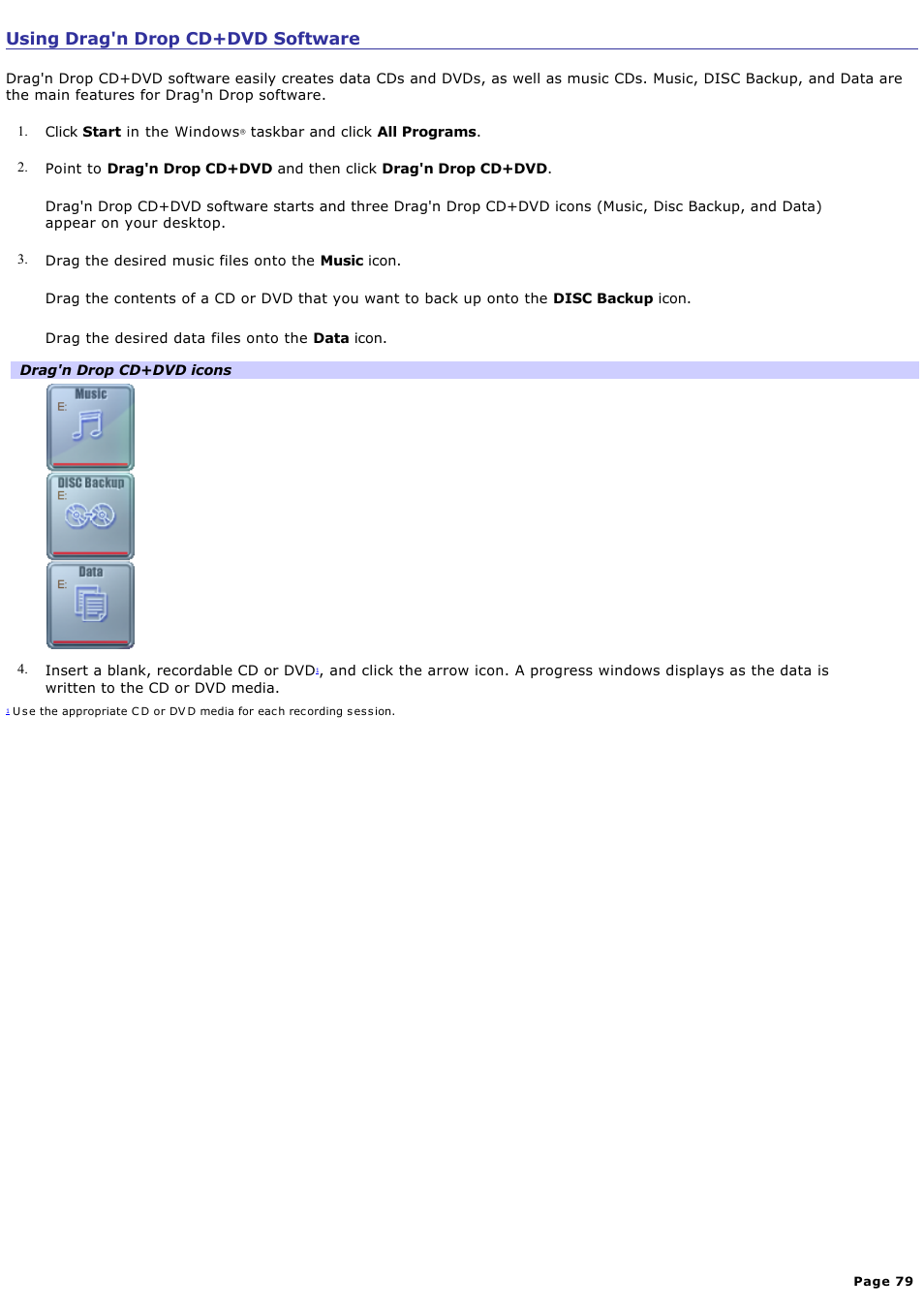 Using drag'n drop cd+dvd software | Sony PCV-RZ31G User Manual | Page 79 / 223