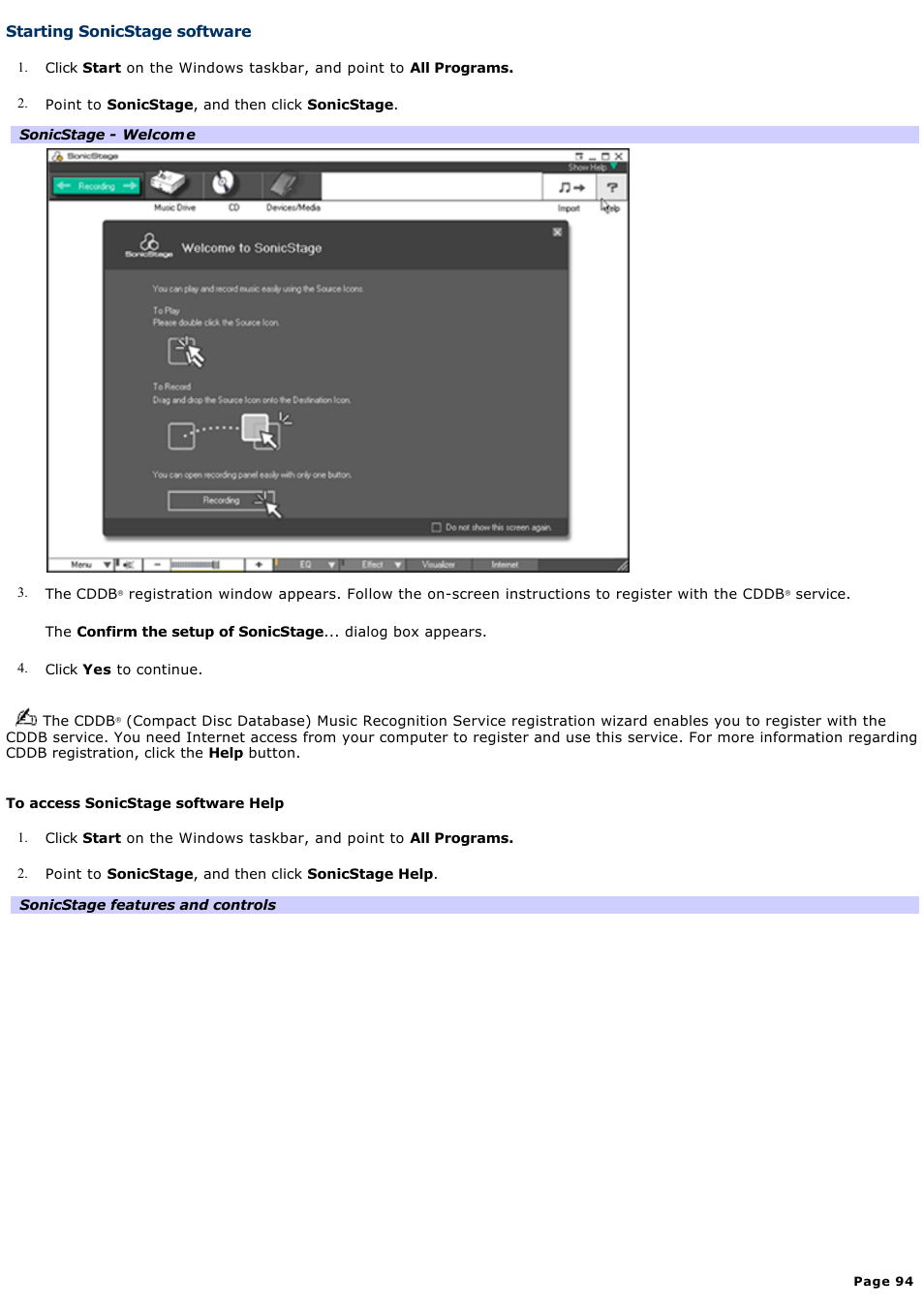 Starting sonicstage software | Sony PCV-RZ31G User Manual | Page 94 / 223