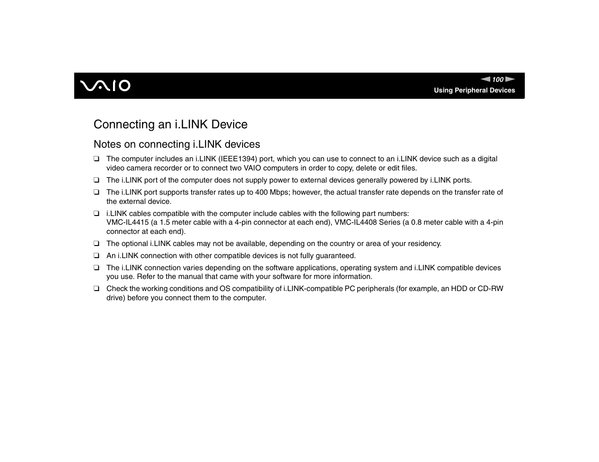 Connecting an i.link device | Sony VGN-FE570G User Manual | Page 100 / 194