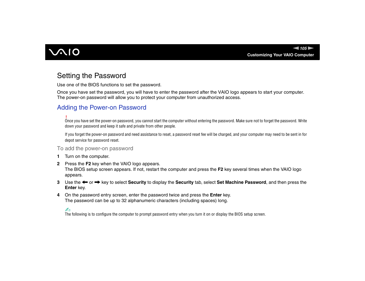 Setting the password, Adding the power-on password | Sony VGN-FE570G User Manual | Page 105 / 194