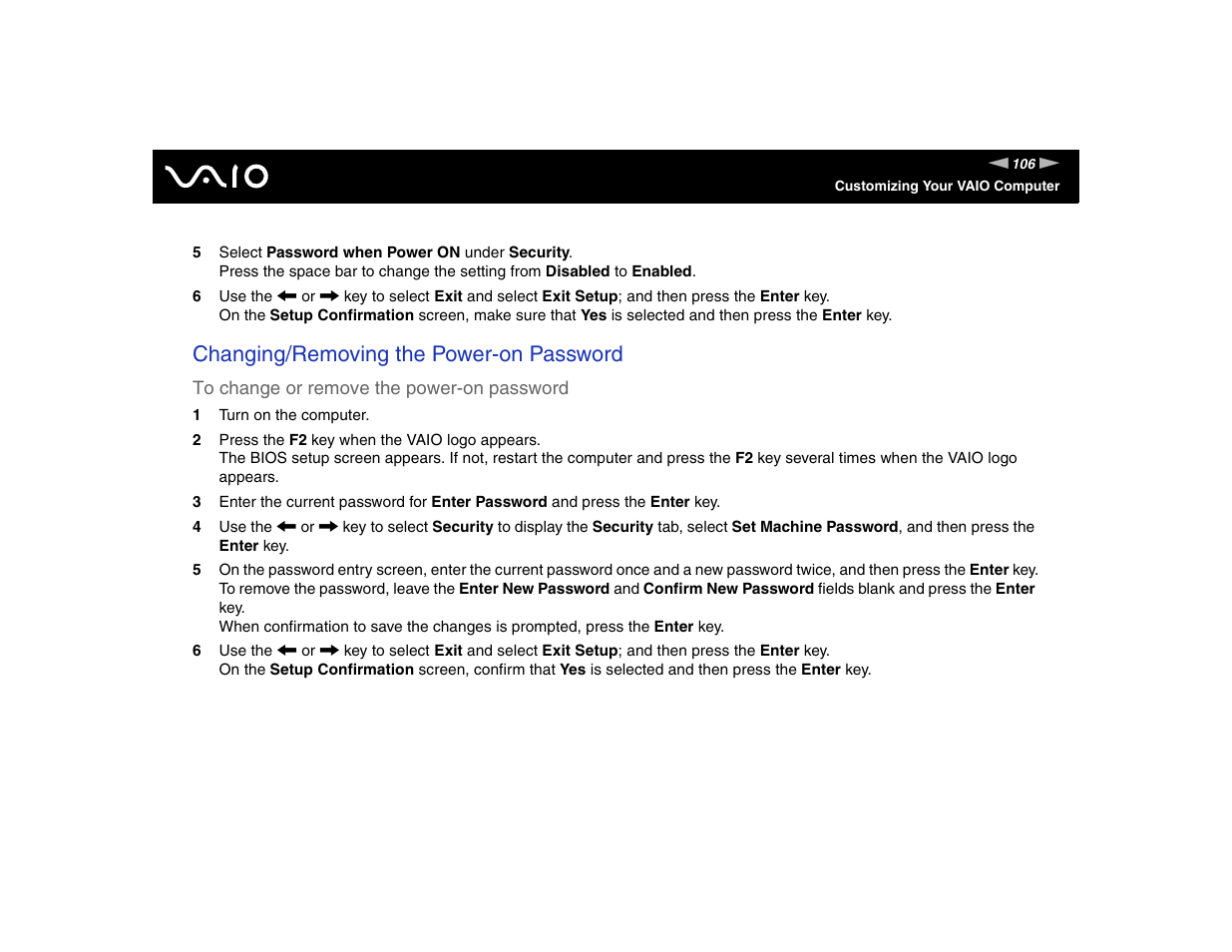 Changing/removing the power-on password | Sony VGN-FE570G User Manual | Page 106 / 194