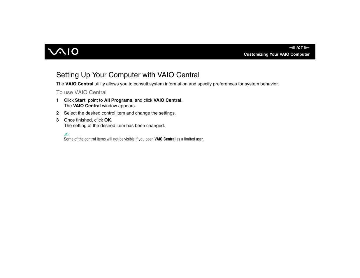 Setting up your computer with vaio central | Sony VGN-FE570G User Manual | Page 107 / 194