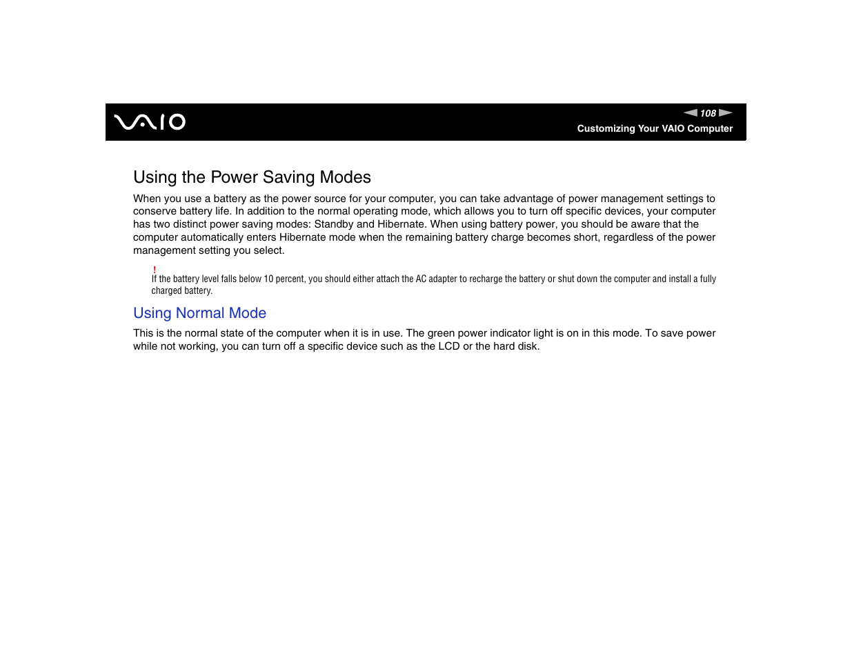 Using the power saving modes, Using normal mode | Sony VGN-FE570G User Manual | Page 108 / 194