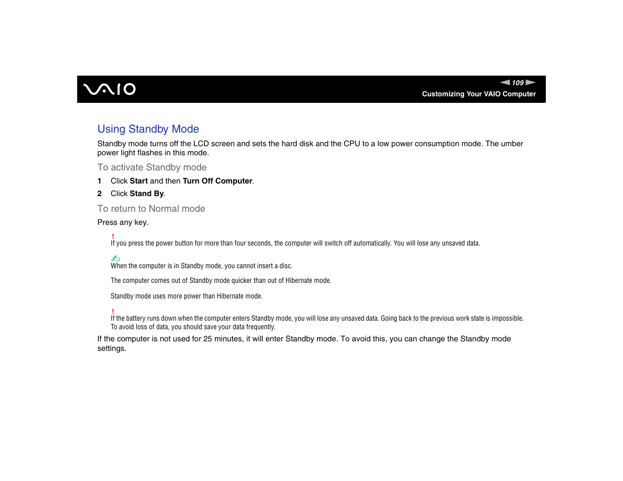 Using standby mode | Sony VGN-FE570G User Manual | Page 109 / 194