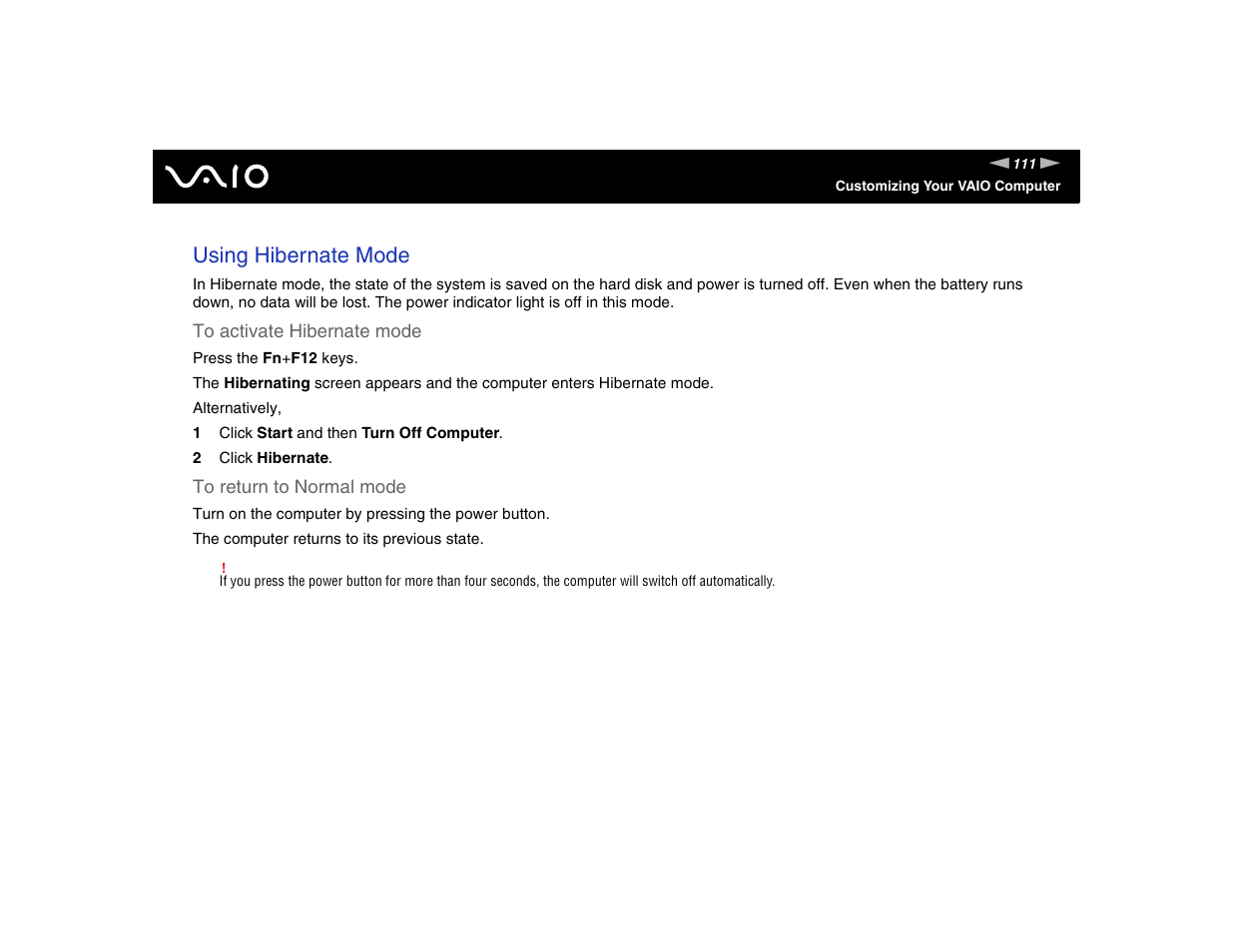 Mode, Using hibernate mode | Sony VGN-FE570G User Manual | Page 111 / 194