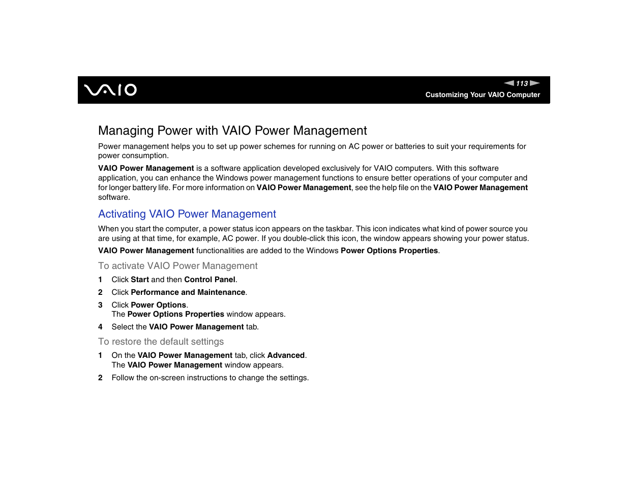 Managing power with vaio power management, Activating vaio power management | Sony VGN-FE570G User Manual | Page 113 / 194