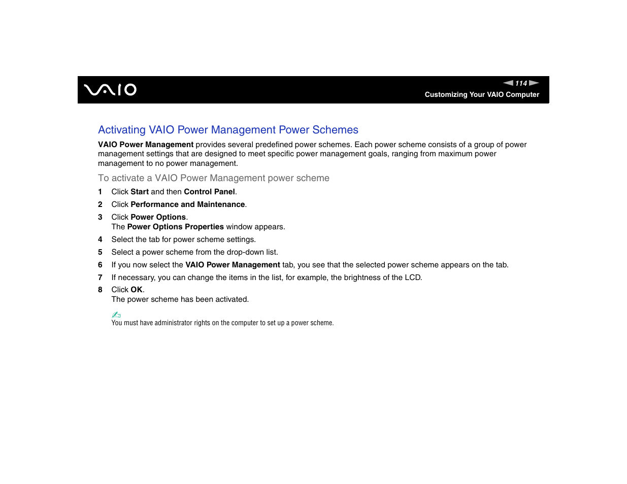 Activating vaio power management power schemes | Sony VGN-FE570G User Manual | Page 114 / 194