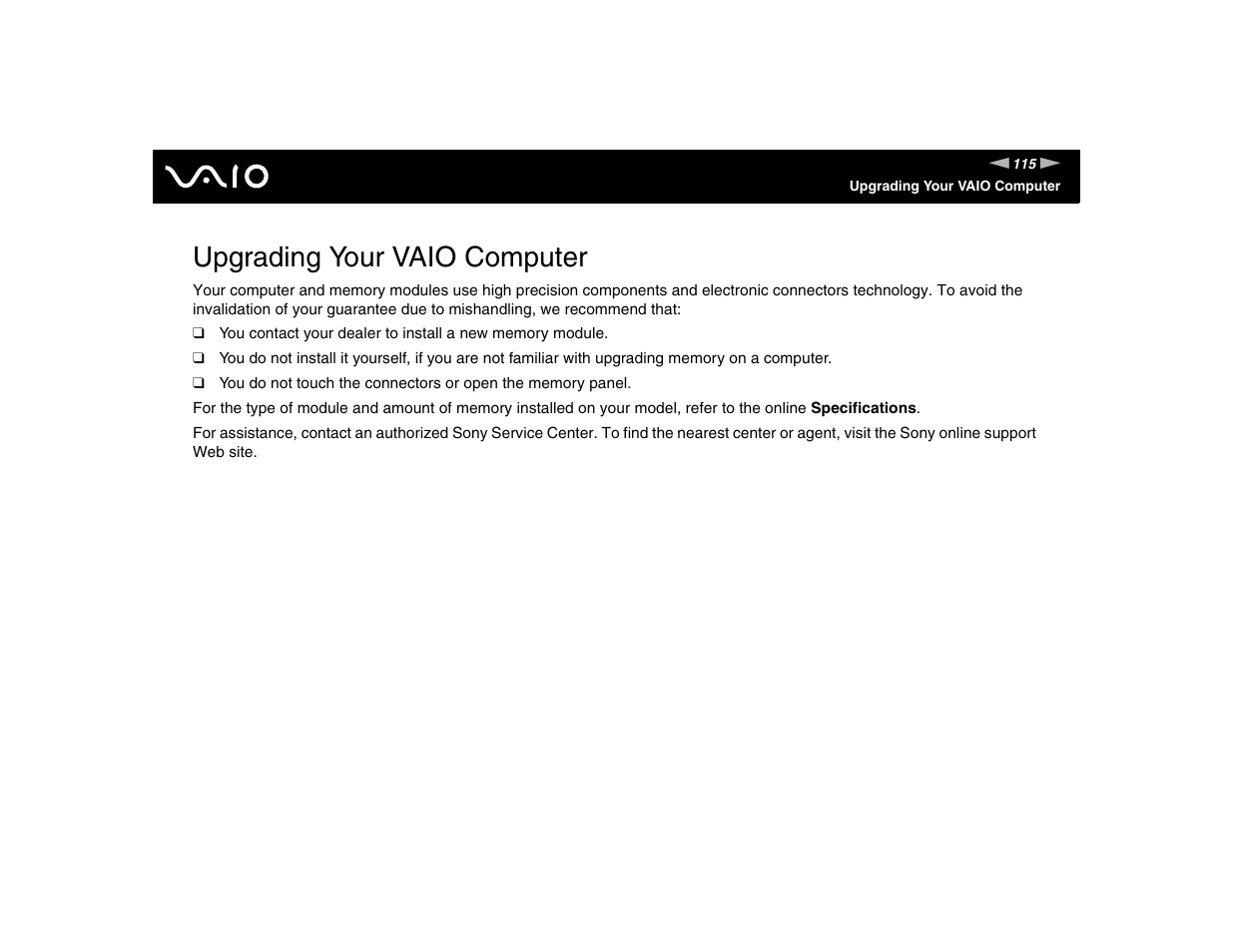 Upgrading your vaio computer | Sony VGN-FE570G User Manual | Page 115 / 194