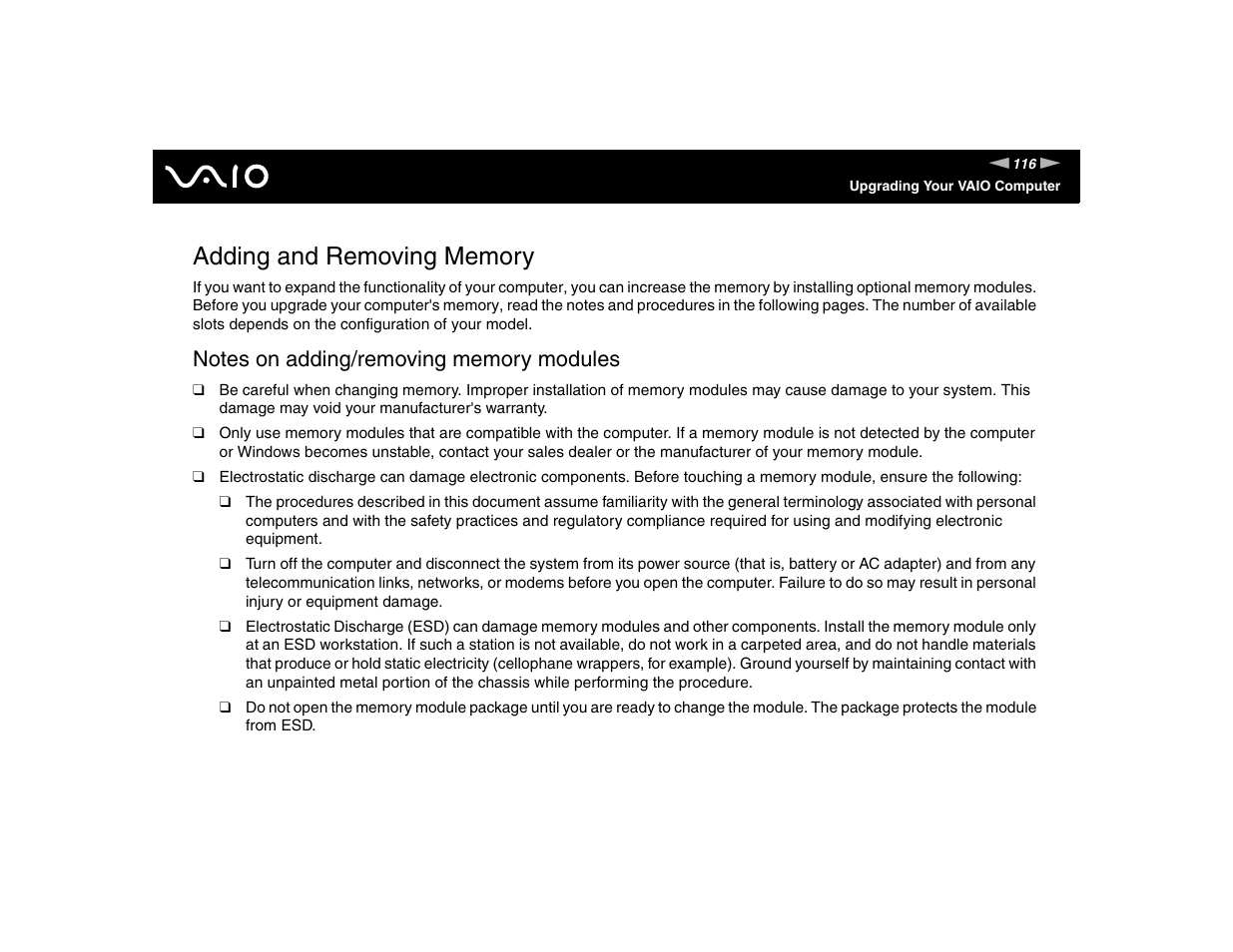 Adding and removing memory | Sony VGN-FE570G User Manual | Page 116 / 194