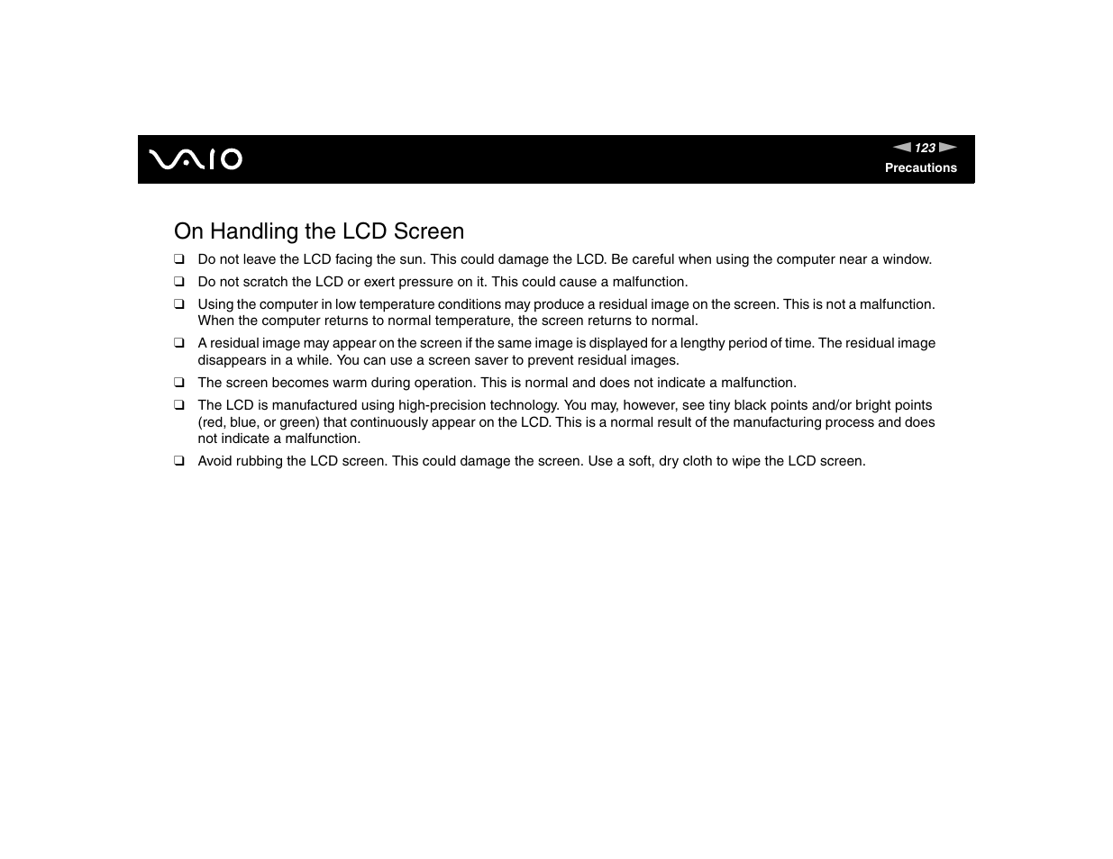 On handling the lcd screen | Sony VGN-FE570G User Manual | Page 123 / 194