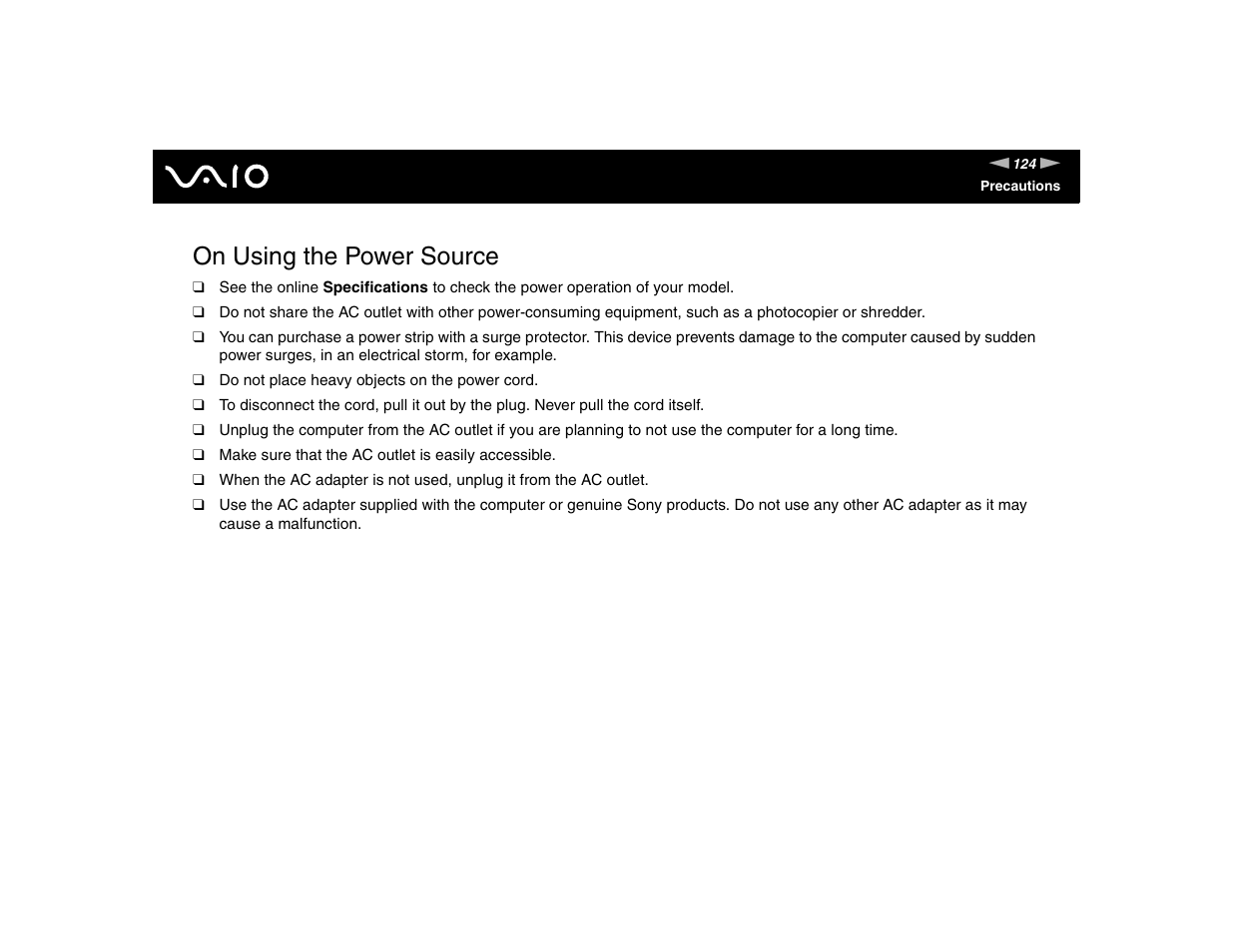 On using the power source | Sony VGN-FE570G User Manual | Page 124 / 194