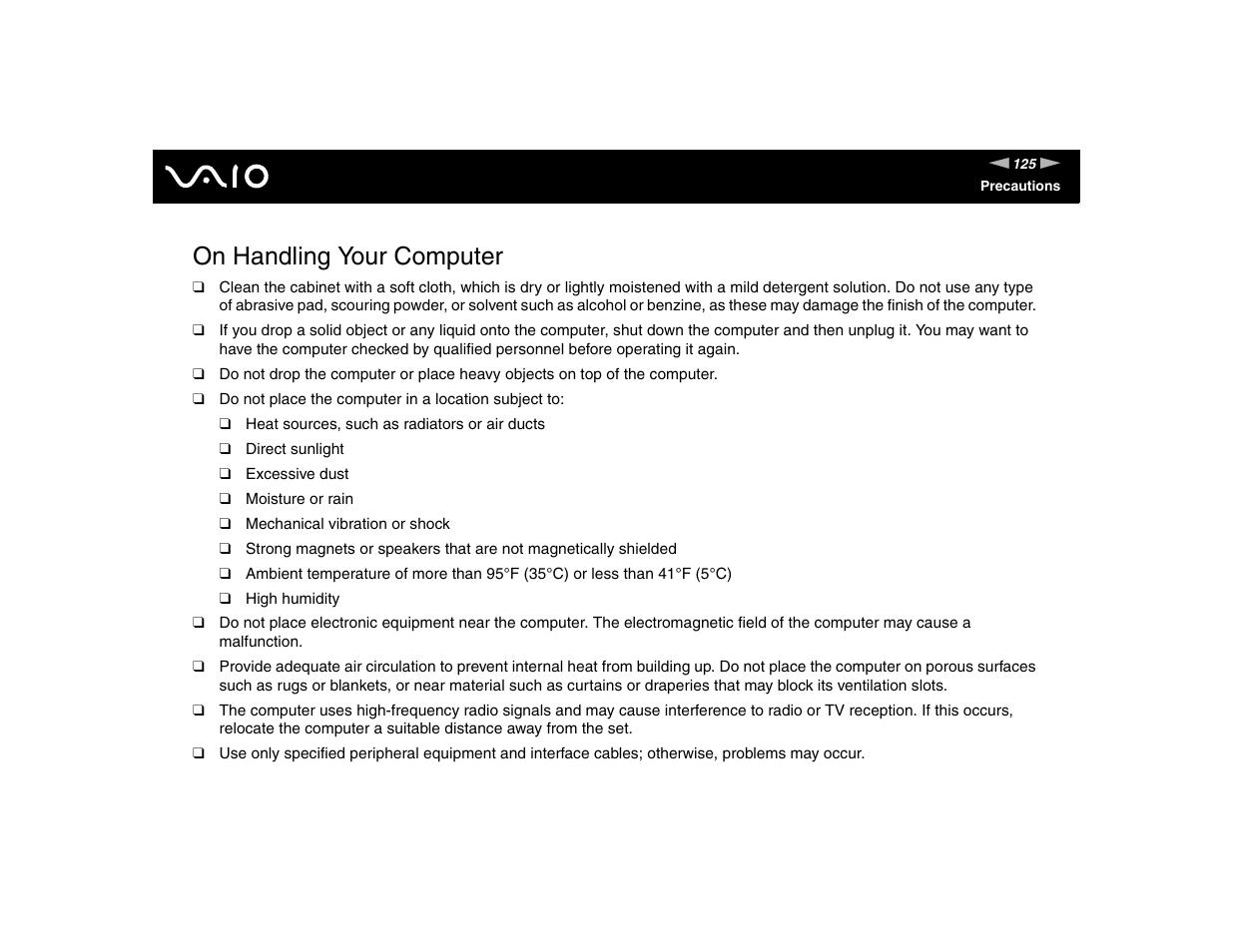 On handling your computer | Sony VGN-FE570G User Manual | Page 125 / 194